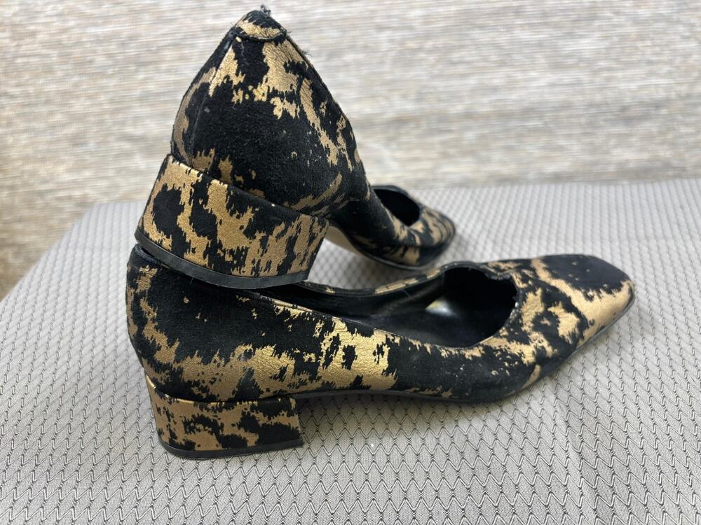 Vintage Costa Blanca Black Suede & Gold Mod Low Heel Retro Pumps Spain Size 6M